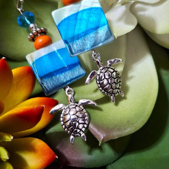 Artisan Hand Crafted Earrings, Turtles Silver Aqua Blue Orange Shell, Pierced - Picture 10 of 12